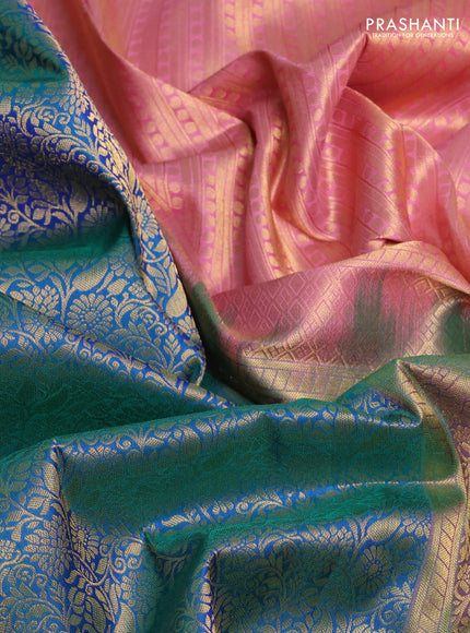 Pure kanchipuram silk saree dual shade of teal green and light pink with allover zari woven brocade weaves and rich zari woven korvai border