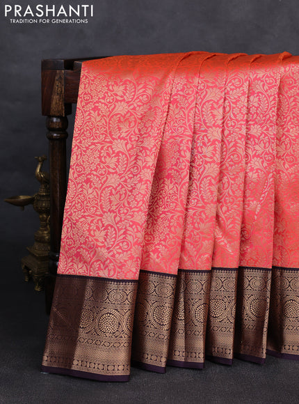 Pure kanchipuram silk saree peach orange and jamun shade with allover zari woven brocade weaves and rich zari woven korvai border
