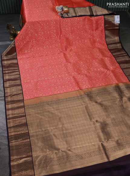 Pure kanchipuram silk saree peach orange and jamun shade with allover zari woven brocade weaves and rich zari woven korvai border