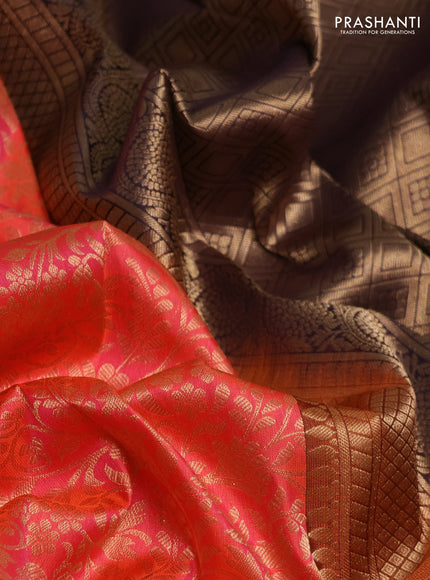 Pure kanchipuram silk saree peach orange and jamun shade with allover zari woven brocade weaves and rich zari woven korvai border