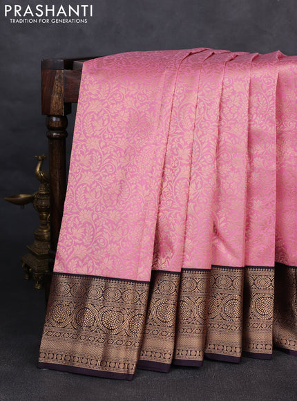 Pure kanchipuram silk saree light pink and jamun shade with allover zari woven brocade weaves and rich zari woven korvai border