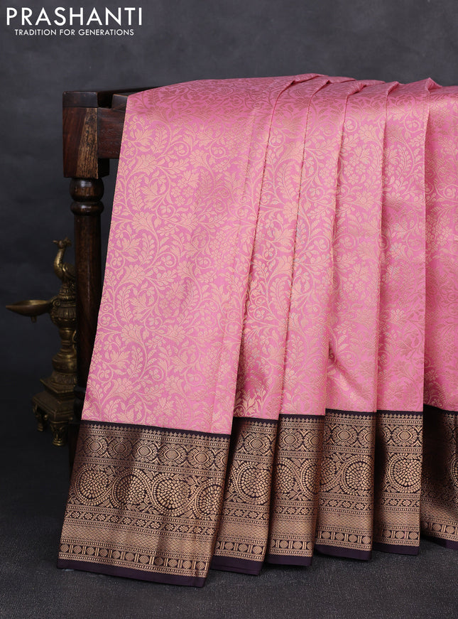 Pure kanchipuram silk saree light pink and jamun shade with allover zari woven brocade weaves and rich zari woven korvai border