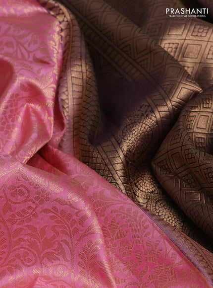 Pure kanchipuram silk saree light pink and jamun shade with allover zari woven brocade weaves and rich zari woven korvai border