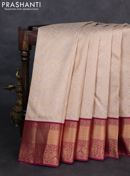 Pure kanchipuram silk saree beige and purple with allover zari woven brocade weaves and rich zari woven korvai border