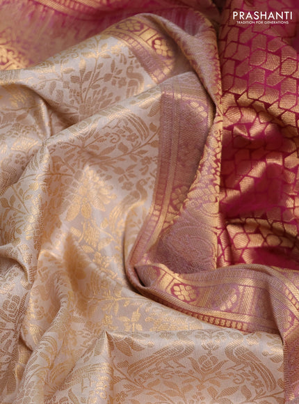 Pure kanchipuram silk saree beige and purple with allover zari woven brocade weaves and rich zari woven korvai border
