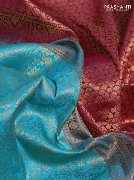 Pure kanchipuram silk saree teal blue and purple with allover zari woven brocade weaves and rich zari woven korvai border