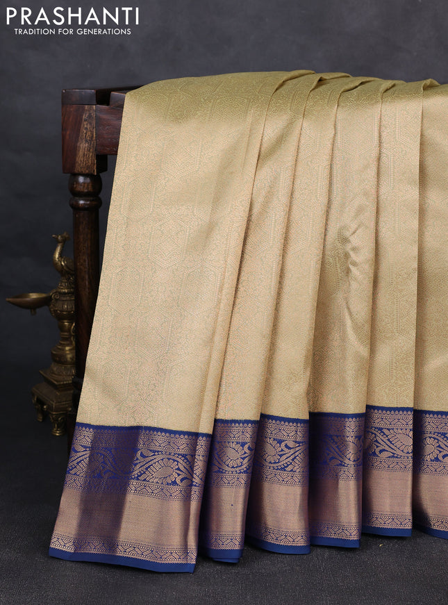Pure kanchipuram silk saree elaichi green and dual shade of blue with allover zari woven brocade weaves and rich zari woven korvai border