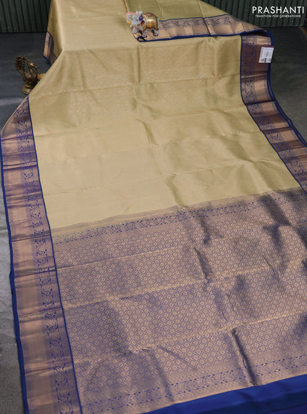 Pure kanchipuram silk saree elaichi green and dual shade of blue with allover zari woven brocade weaves and rich zari woven korvai border