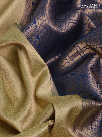 Pure kanchipuram silk saree elaichi green and dual shade of blue with allover zari woven brocade weaves and rich zari woven korvai border