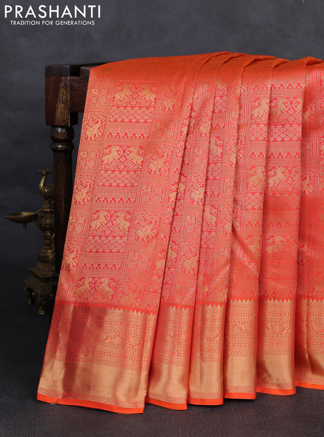 Pure kanchipuram silk saree orange with allover zari woven brocade weaves and rich zari woven border