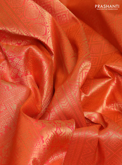 Pure kanchipuram silk saree orange with allover zari woven brocade weaves and rich zari woven border