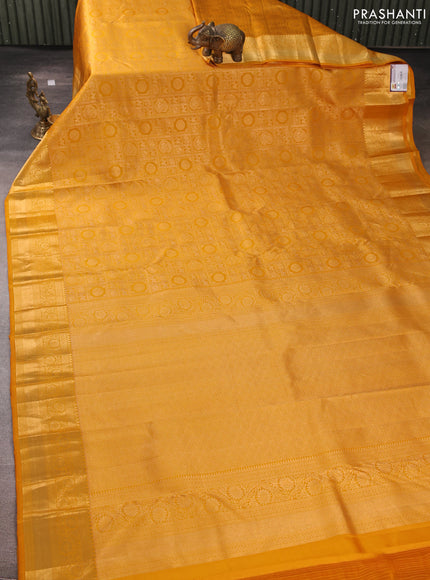 Pure kanchipuram silk saree mustard yellow with allover zari woven brocade weaves and rich zari woven border