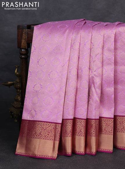 Pure kanchipuram silk saree mild lavender and dark magenta pink with allover zari woven brocade weaves and rich zari woven korvai border