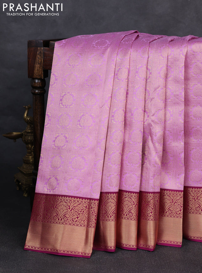 Pure kanchipuram silk saree mild lavender and dark magenta pink with allover zari woven brocade weaves and rich zari woven korvai border