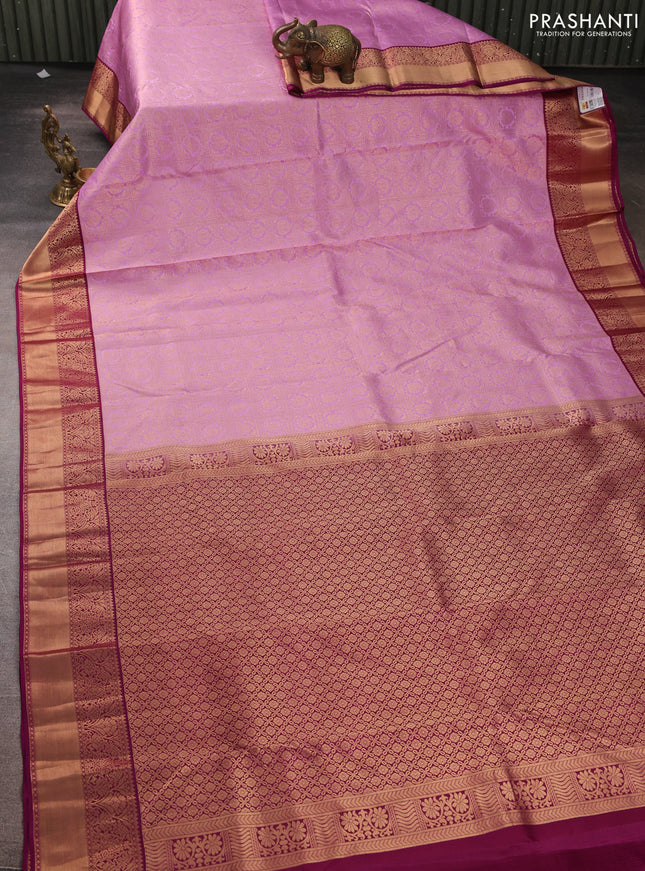 Pure kanchipuram silk saree mild lavender and dark magenta pink with allover zari woven brocade weaves and rich zari woven korvai border