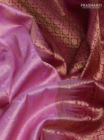 Pure kanchipuram silk saree mild lavender and dark magenta pink with allover zari woven brocade weaves and rich zari woven korvai border