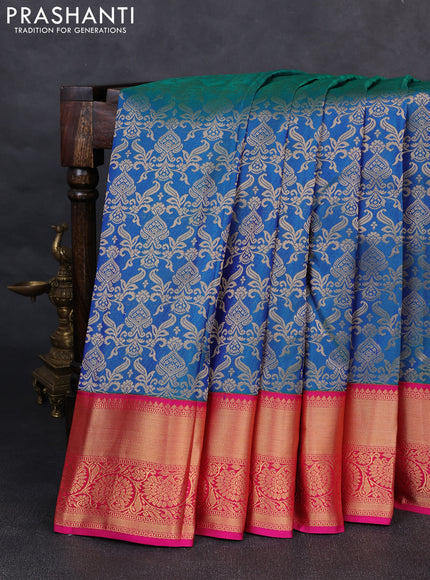 Pure kanchipuram silk saree dual shade of greenish blue and pink with allover zari woven brocade weaves and rich zari woven korvai border