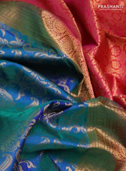 Pure kanchipuram silk saree dual shade of greenish blue and pink with allover zari woven brocade weaves and rich zari woven korvai border