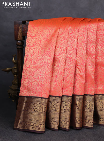 Pure kanchipuram silk saree orange and coffee brown with allover zari woven brocade weaves and rich zari woven korvai border