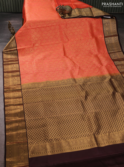 Pure kanchipuram silk saree orange and coffee brown with allover zari woven brocade weaves and rich zari woven korvai border