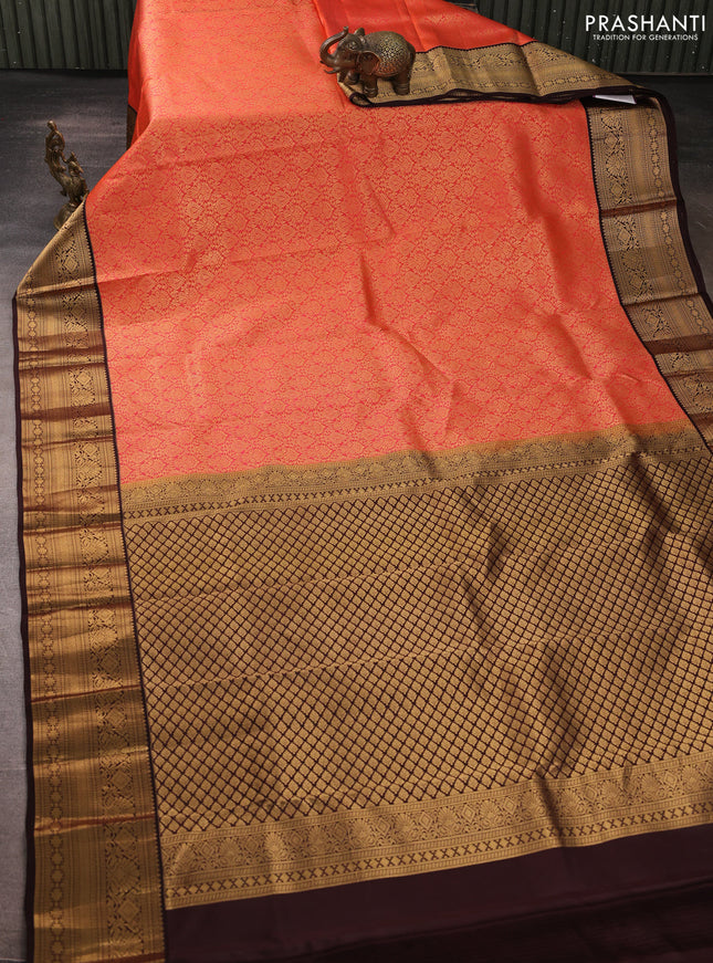 Pure kanchipuram silk saree orange and coffee brown with allover zari woven brocade weaves and rich zari woven korvai border