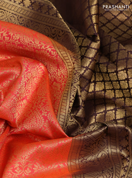 Pure kanchipuram silk saree orange and coffee brown with allover zari woven brocade weaves and rich zari woven korvai border