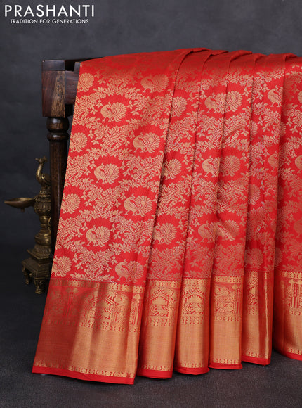 Pure kanchipuram silk saree red with allover zari woven annam brocade weaves and rich zari woven border