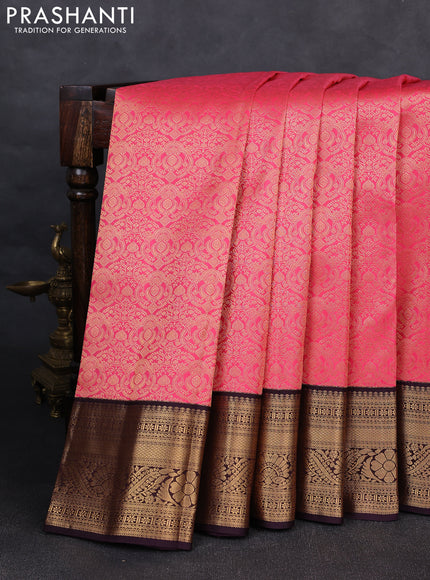 Pure kanchipuram silk saree pink and wine shade with allover zari woven brocade weaves and rich zari woven korvai border