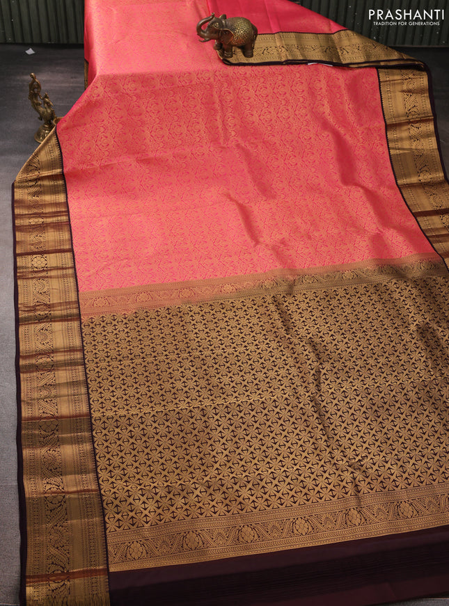 Pure kanchipuram silk saree pink and wine shade with allover zari woven brocade weaves and rich zari woven korvai border