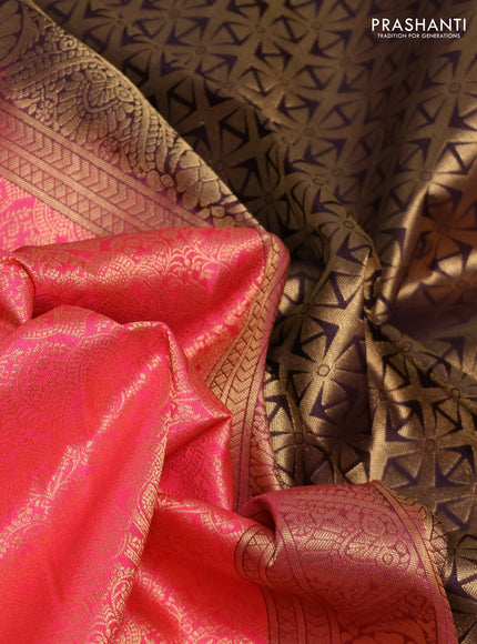 Pure kanchipuram silk saree pink and wine shade with allover zari woven brocade weaves and rich zari woven korvai border