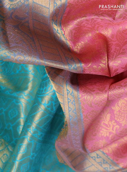 Pure kanchipuram silk saree light pink and teal blue with allover zari woven brocade weaves and rich zari woven korvai border