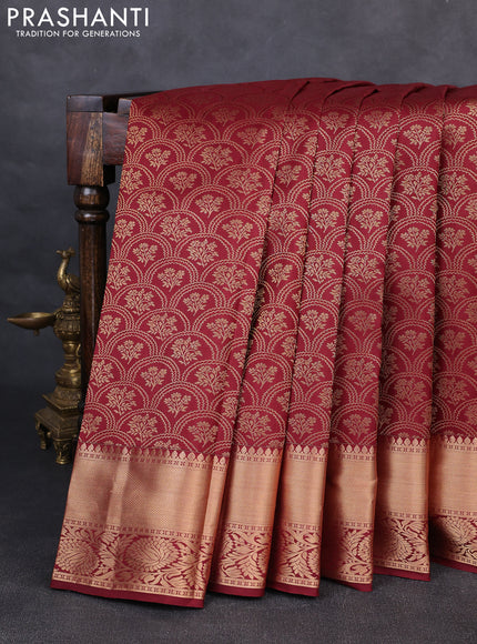 Pure kanchipuram silk saree deep maroon with allover zari woven brocade weaves and rich zari woven border