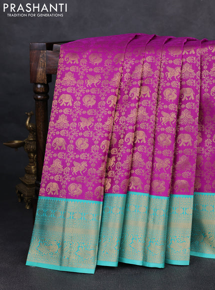 Pure kanchipuram silk saree purple and teal blue with allover zari woven brocade weaves and rich zari woven korvai border