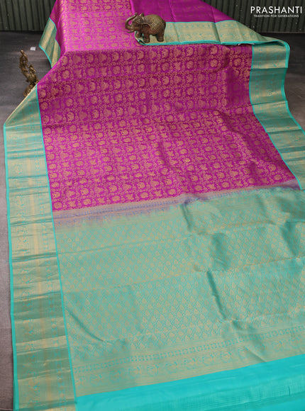 Pure kanchipuram silk saree purple and teal blue with allover zari woven brocade weaves and rich zari woven korvai border