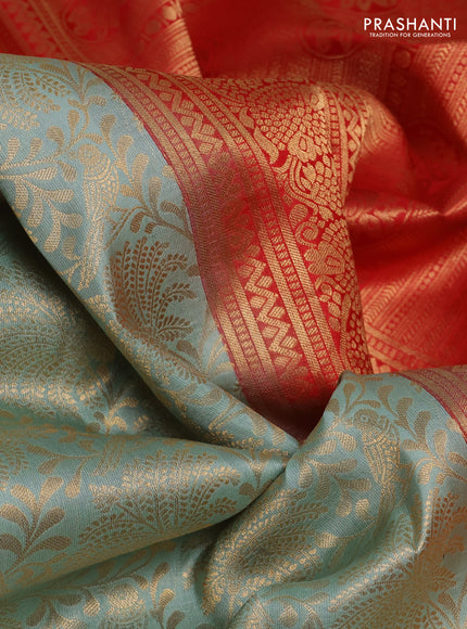 Pure kanchipuram silk saree pastel green and red with allover zari woven brocade weaves and rich zari woven korvai border