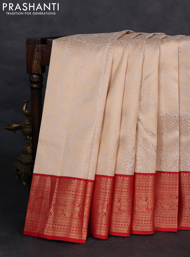 Pure kanchipuram silk saree cream and red with allover zari woven brocade weaves and rich zari woven korvai border