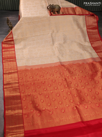 Pure kanchipuram silk saree cream and red with allover zari woven brocade weaves and rich zari woven korvai border