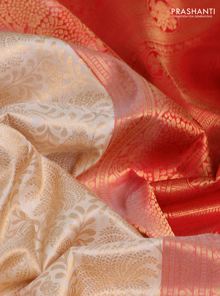 Pure kanchipuram silk saree cream and red with allover zari woven brocade weaves and rich zari woven korvai border