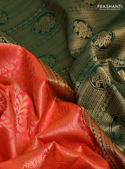 Pure kanchipuram silk saree peach orange and bottle green with allover zari woven brocade weaves and rich zari woven korvai border