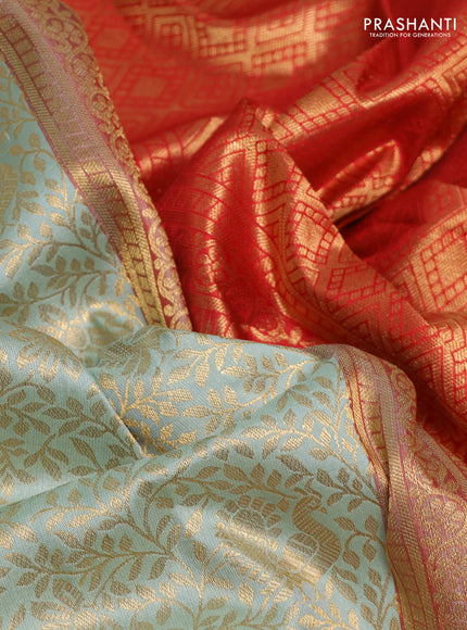 Pure kanchipuram silk saree pastel green and red with allover zari woven brocade weaves and rich zari woven korvai border