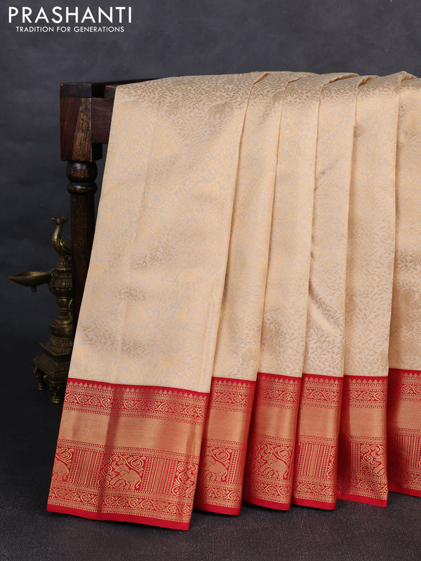 Pure kanchipuram silk saree cream and red with allover zari woven brocade weaves and rich zari woven korvai border