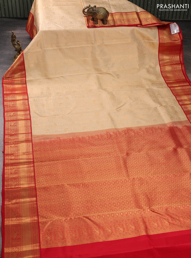 Pure kanchipuram silk saree cream and red with allover zari woven brocade weaves and rich zari woven korvai border