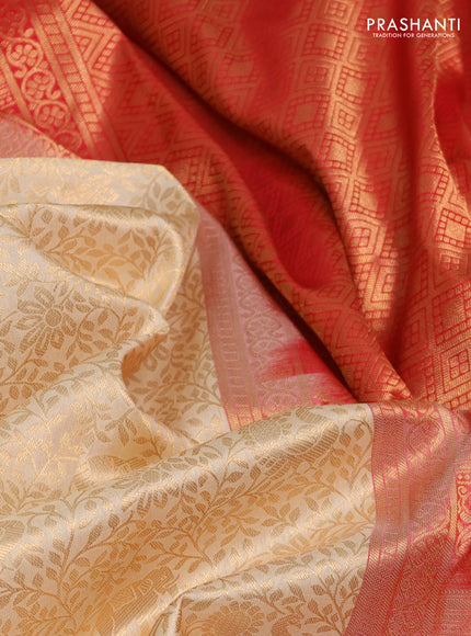 Pure kanchipuram silk saree cream and red with allover zari woven brocade weaves and rich zari woven korvai border