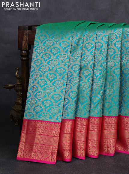 Pure kanchipuram silk saree teal green and pink with allover zari woven brocade weaves and rich zari woven korvai border