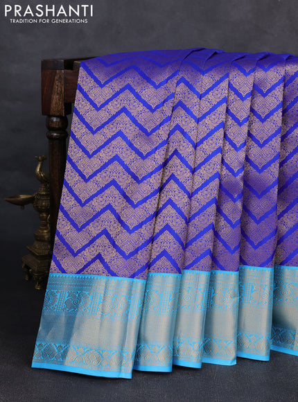 Pure kanchipuram silk saree royal blue and light blue with allover zari woven brocade weaves and rich zari woven korvai border