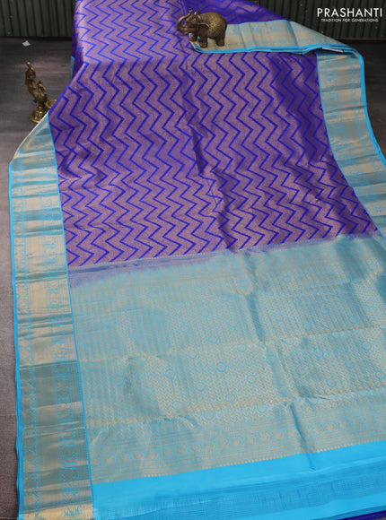 Pure kanchipuram silk saree royal blue and light blue with allover zari woven brocade weaves and rich zari woven korvai border