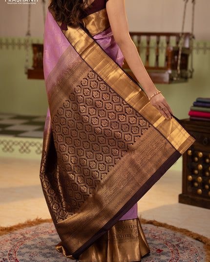Pure kanchipuram silk saree lavender and deep jamun with allover zari woven brocade weaves and rich zari woven korvai border