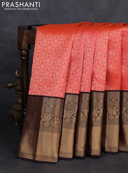 Pure kanchipuram silk saree peach orange and wine shade with allover zari woven brocade weaves and rich zari woven korvai border