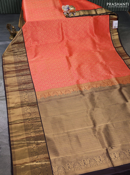 Pure kanchipuram silk saree peach orange and wine shade with allover zari woven brocade weaves and rich zari woven korvai border