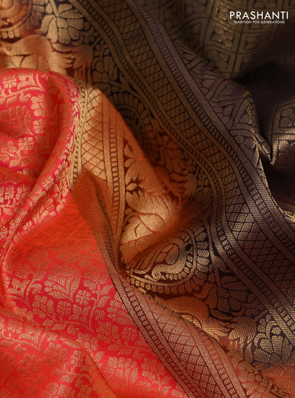 Pure kanchipuram silk saree peach orange and wine shade with allover zari woven brocade weaves and rich zari woven korvai border